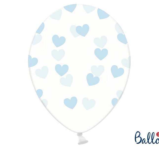Balony lateksowe transparentne w niebieskie serduszka 6 szt.