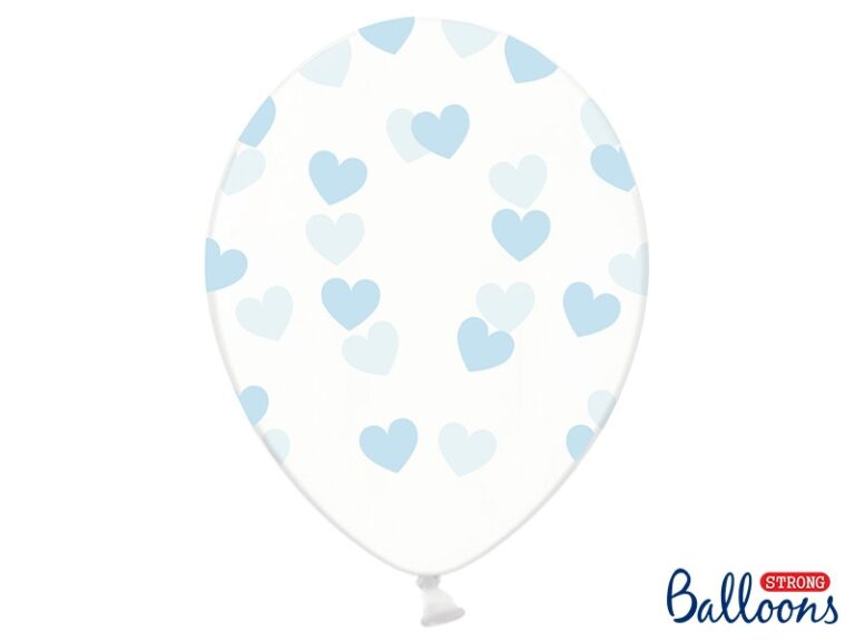 Balony lateksowe transparentne w niebieskie serduszka 6 szt.